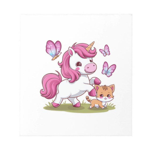 Kawaii unicorn with cat and butterflies Long Sleev Notepad (Front)