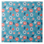 Kawaii Usagi Floral Pattern Tile<br><div class="desc">This is a pattern of rabbits (‘usagi’ in Japanese),  various flowers,  and leaves. It was coloured in teal and scarlet colours. This is a hand drawn art. The pattern and colour is influenced by modern Japanese kimonos.</div>