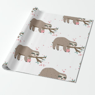 kawaii valentines day sloth hearts wrapping paper