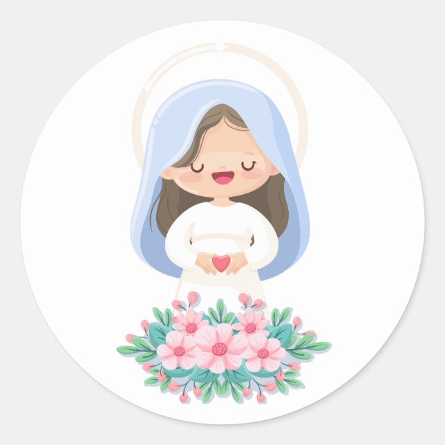 Kawaii Virgin Mary Holding Heart – White Classic Round Sticker (Front)