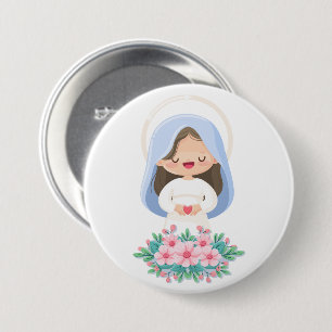 Kawaii Virgin Mary with Heart and Flowers 7.5 Cm Round Badge