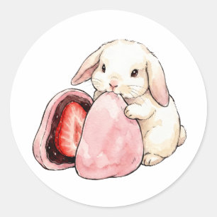 Kawaii Watercolor Bunny Eating Strawberry Mochi Classic Round Sticker