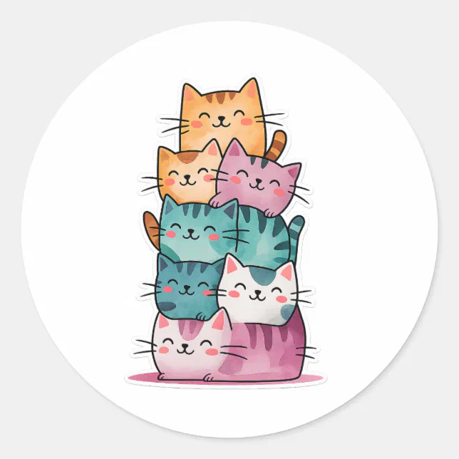 Kawaii Watercolor Cat Stack Cute Sticker | Zazzle