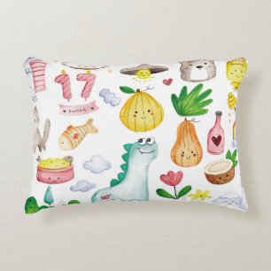 Kawaii watercolor doodles, sticker ready. decorative cushion