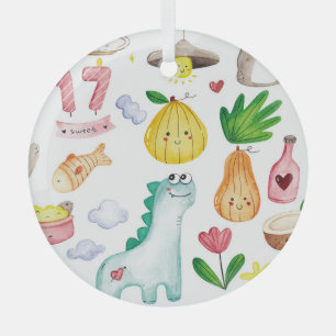Kawaii watercolor doodles, sticker ready. glass tree decoration