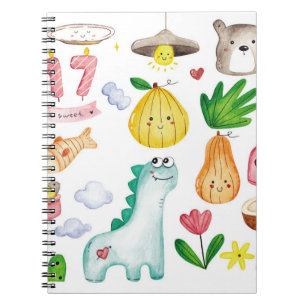 Kawaii watercolor doodles, sticker ready. notebook