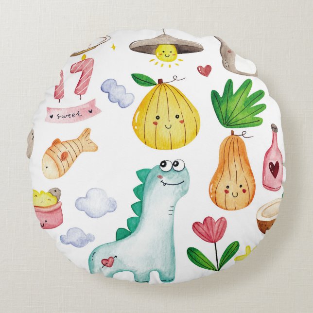 Kawaii watercolor doodles, sticker ready. round cushion (Front)