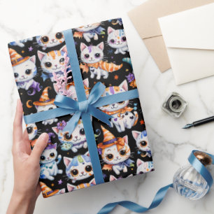 Kawaii Watercolor Halloween Witch Kittens Wrapping Paper