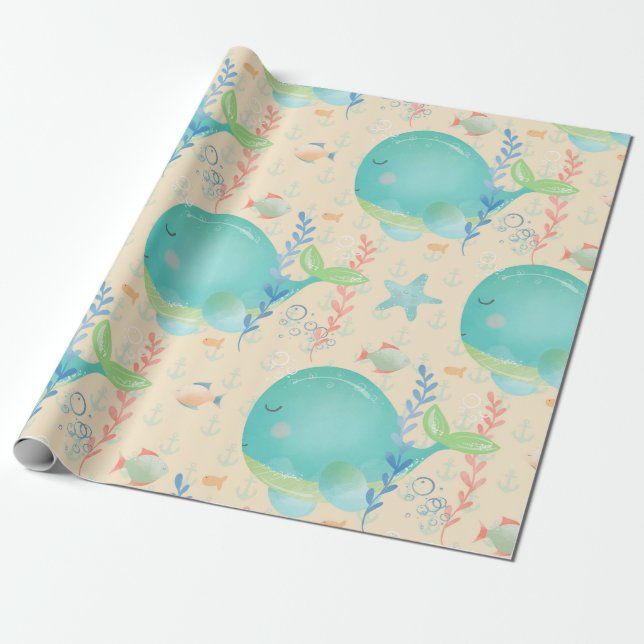 Kawaii Whale Under The Sea Baby Shower Pattern Wrapping Paper (Unrolled)