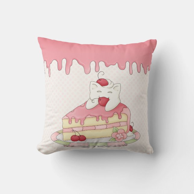 Kawaii Whipped Cream Kitty & Cherry Cake Cushion (Front)
