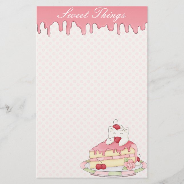 Kawaii Whipped Cream Kitty & Cherry Cake Stationery (Front)
