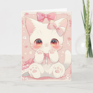 Kawaii White Cat Anime Holiday Card
