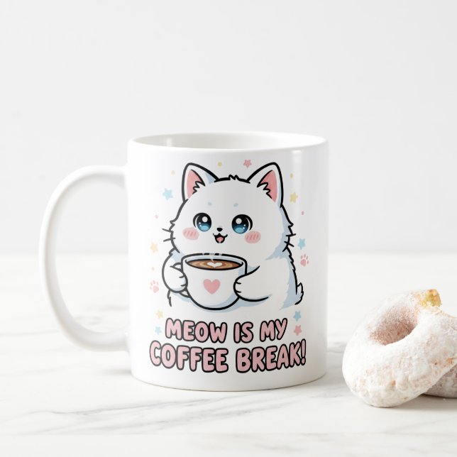 Kawaii White Cat Coffee Mug (With Donut)