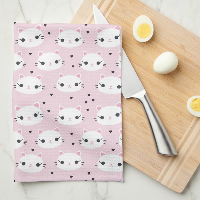 Kawaii White Cat Face Pattern on Pink Tea Towel (Quarter Fold)