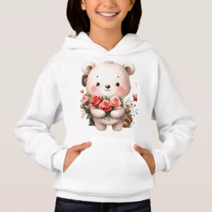 Kawaii White Teddy Bear with Pink Roses Hoodie 
