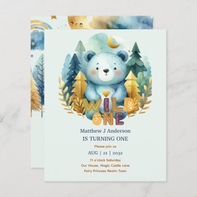 Kawaii WILD ONE 1st Birthday Boys BEAR Woodland (Front/Back)