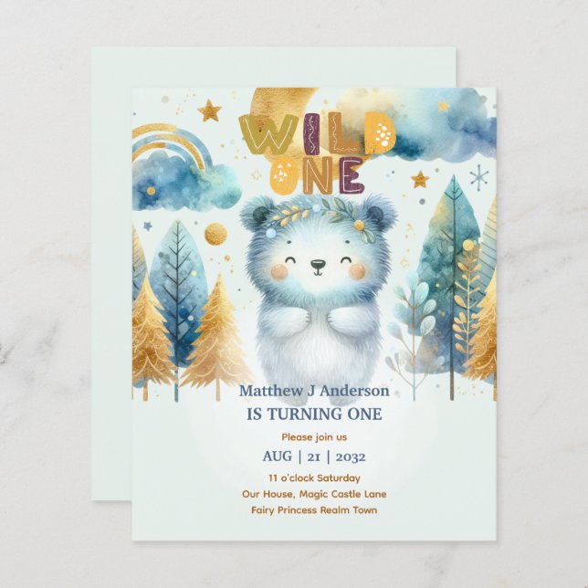 Kawaii WILD ONE 1st Birthday Boys BEAR Woodland (Front/Back)