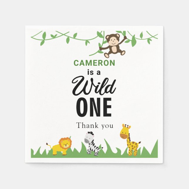 Kawaii Wild One Birthday Safari Jungle Animals Napkin (Front)