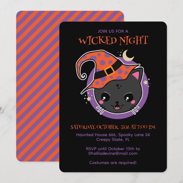 Kawaii Witch Cat Halloween Party Invitation (Front/Back)