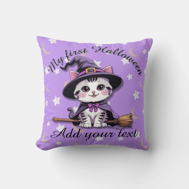 Kawaii Witch Cat – Halloween Throw Pillow (Front)