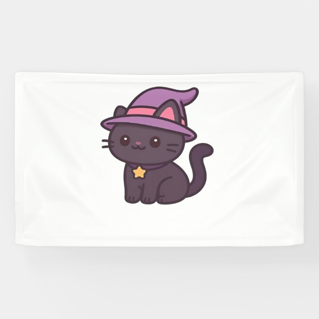 Kawaii Witch Cat in Purple Hat Classic T-Shirt Banner (Horizontal)