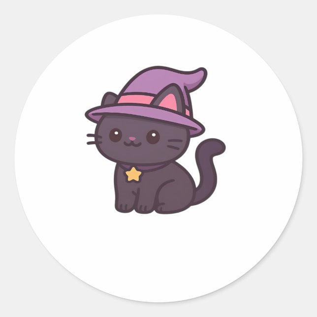 Kawaii Witch Cat in Purple Hat Classic T-Shirt Classic Round Sticker (Front)