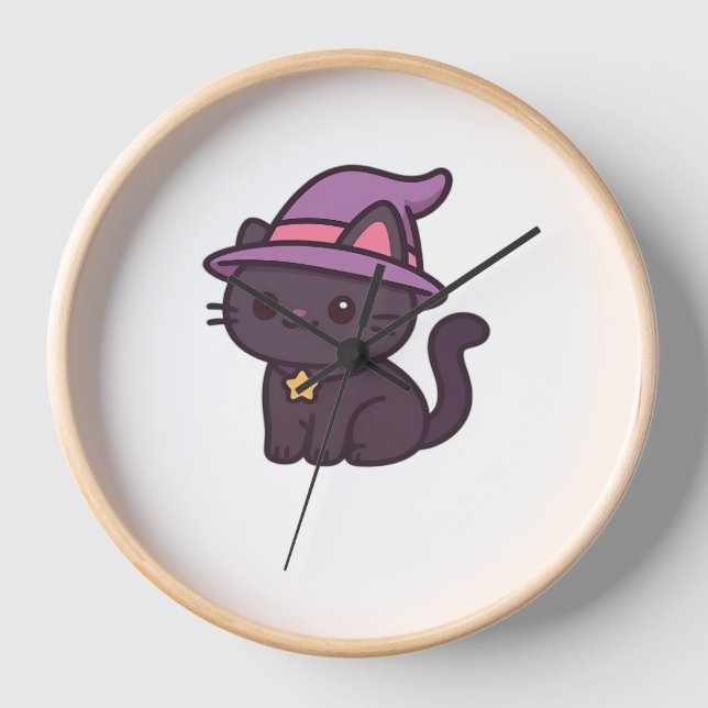 Kawaii Witch Cat in Purple Hat Classic T-Shirt Clock (Front)