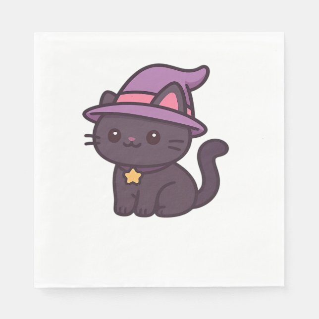 Kawaii Witch Cat in Purple Hat Classic T-Shirt Napkin (Front)