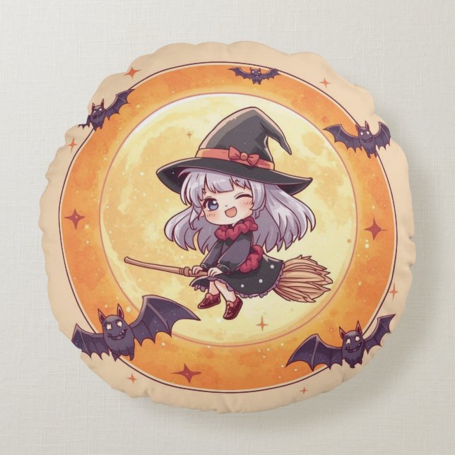 Kawaii Witch Round Pillow  (Front)