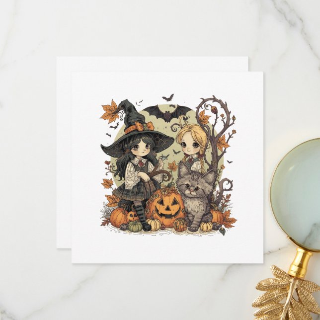 Kawaii witches with Gatinho and Abóbora Thank You Card (Front/Back In Situ)
