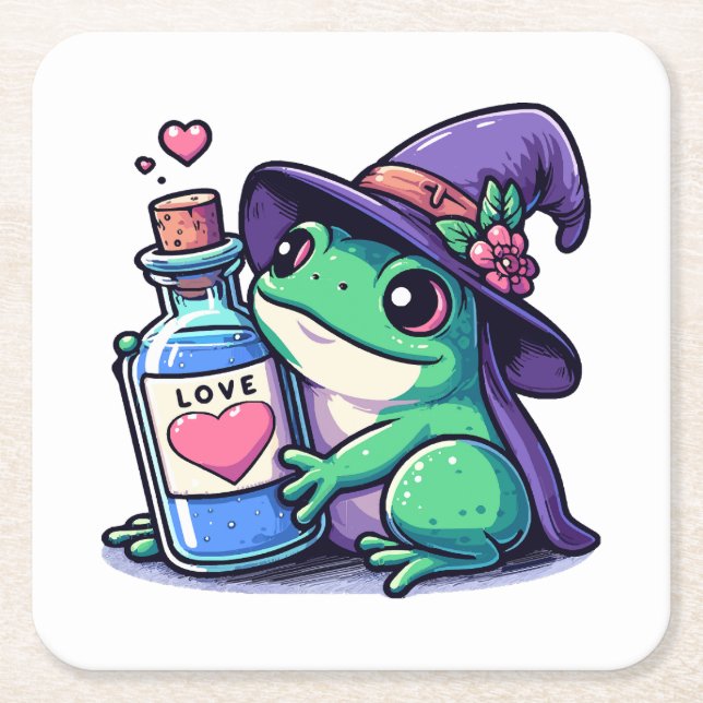 Kawaii witchy love potion square paper coaster (Front)