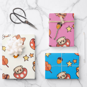 Kawaii Woodland Animals and Mushrooms Pattern Wrapping Paper Sheet