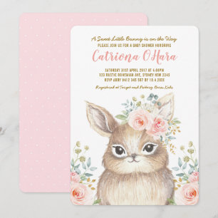 Kawaii Woodland Bunny Pink Floral Girl Baby Shower Invitation