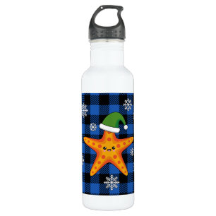 Kawaii Xmas Starfish on Blue Buffalo Pattern 710 Ml Water Bottle