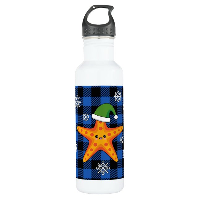 Kawaii Xmas Starfish on Blue Buffalo Pattern 710 Ml Water Bottle (Front)
