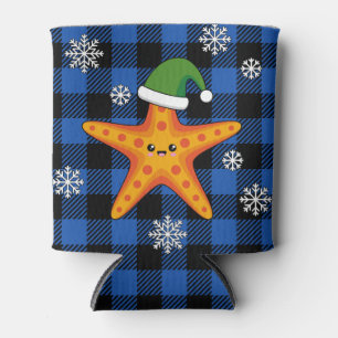 Kawaii Xmas Starfish on Blue Buffalo Pattern Can Cooler