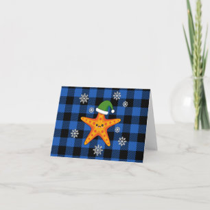 Kawaii Xmas Starfish on Blue Buffalo Pattern Card