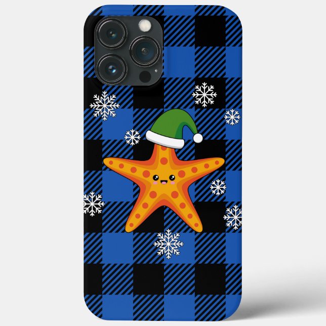 Kawaii Xmas Starfish on Blue Buffalo Pattern Case-Mate iPhone Case (Back)