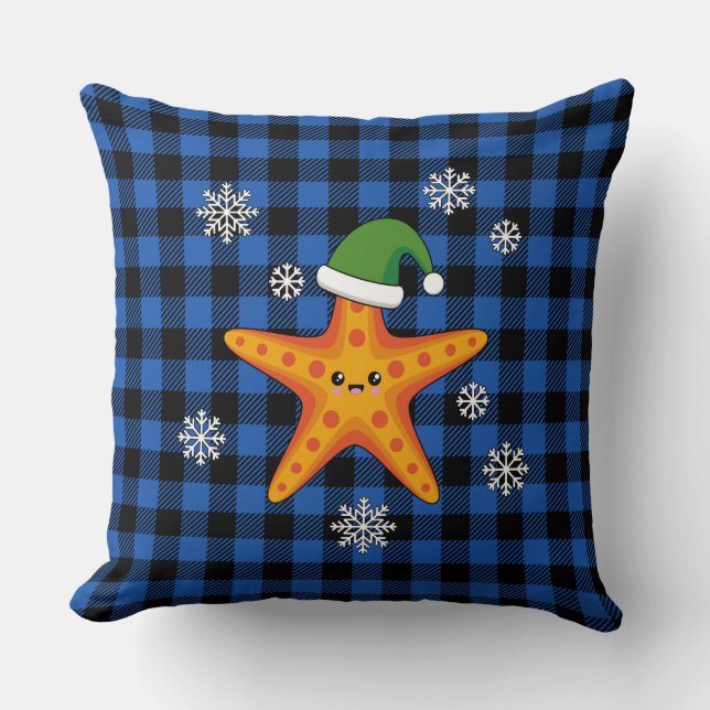 Kawaii Xmas Starfish on Blue Buffalo Pattern Cushion (Front)