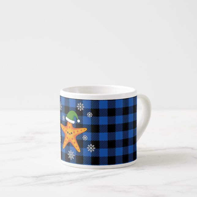 Kawaii Xmas Starfish on Blue Buffalo Pattern Espresso Cup (Front Right)