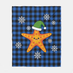 Kawaii Xmas Starfish on Blue Buffalo Pattern Fleece Blanket