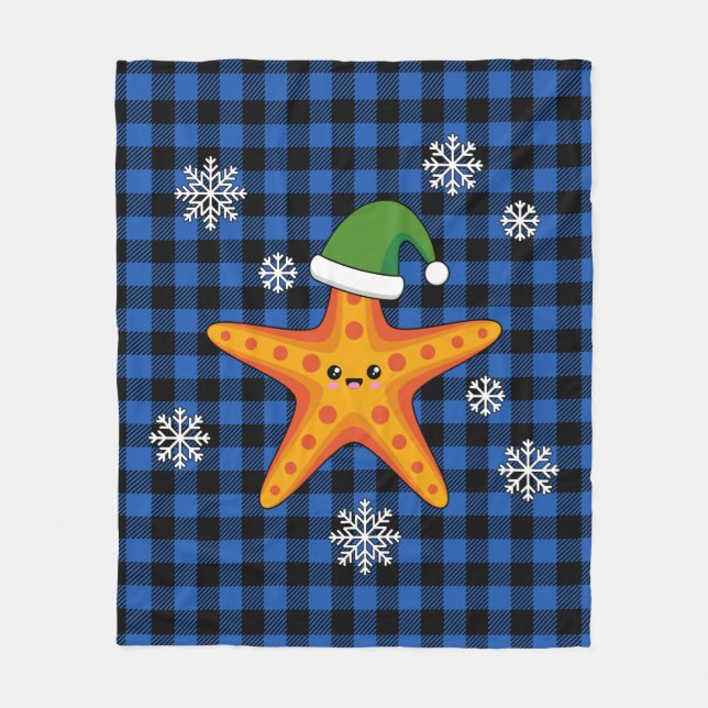 Kawaii Xmas Starfish on Blue Buffalo Pattern Fleece Blanket (Front)