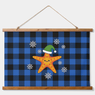 Kawaii Xmas Starfish on Blue Buffalo Pattern Hanging Tapestry