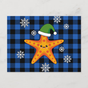 Kawaii Xmas Starfish on Blue Buffalo Pattern Holiday Postcard