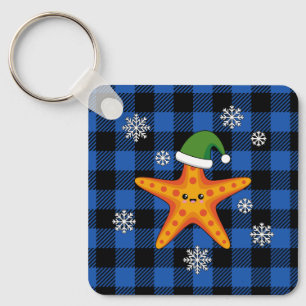 Kawaii Xmas Starfish on Blue Buffalo Pattern Key Ring