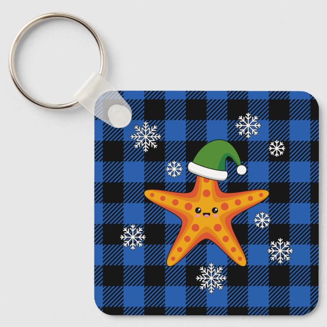 Kawaii Xmas Starfish on Blue Buffalo Pattern Key Ring (Front)