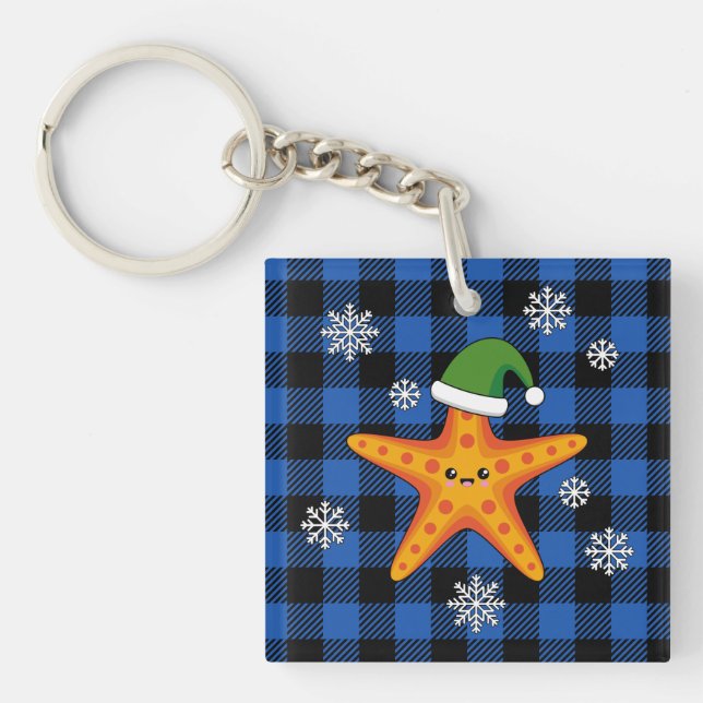 Kawaii Xmas Starfish on Blue Buffalo Pattern Key Ring (Front)