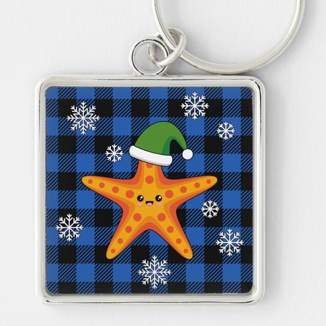 Kawaii Xmas Starfish on Blue Buffalo Pattern Key Ring (Front)