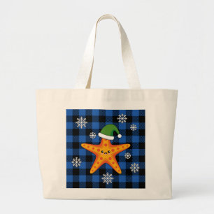 Kawaii Xmas Starfish on Blue Buffalo Pattern Large Tote Bag