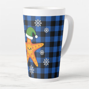 Kawaii Xmas Starfish on Blue Buffalo Pattern Latte Mug
